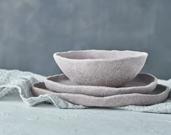 Gray dinnerware set for food photography, Set of 2 handmade pottery plates and a bowl, Stoneware dishes for prop styling