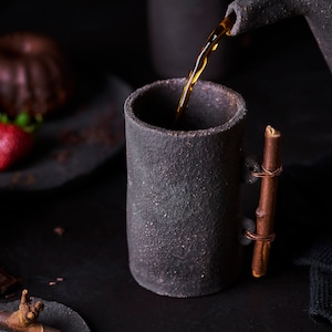 Handmade Black Stoneware Coffee Mugs with Branch Handles: Rustic Food Photography Props