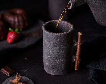 Set of 2 handmade ceramic mugs with a wooden handle, Coffee cups for prop styling, Black clay pottery for low key photography