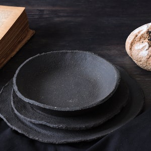 Handcrafted ceramic plates, Stoneware dinnerware set for culinary styling, Matte black plates for food photos