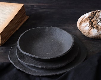 Handcrafted ceramic plates, Stoneware dinnerware set for culinary styling, Matte black plates for food photos
