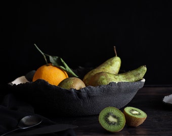 Large stoneware centerpiece, Rustic fruit bowl for kitchen decor, Black and white ceramic centerpiece, Props for low key photos