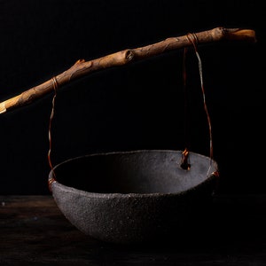 Stoneware bowl with wood handle, Rustic ceramic fruit bowl for kitchen decor, Handcrafted large bowl with copper and wood image 2