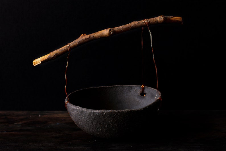 Stoneware bowl with wood handle, Rustic ceramic fruit bowl for kitchen decor, Handcrafted large bowl with copper and wood image 2