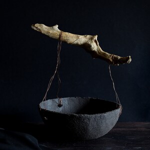 Stoneware bowl with wood handle, Rustic ceramic fruit bowl for kitchen decor, Handcrafted large bowl with copper and wood image 1