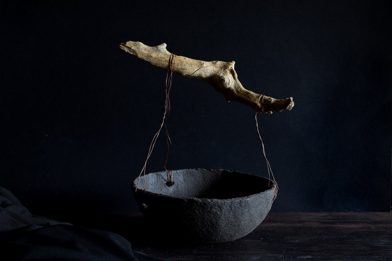 Stoneware bowl with wood handle, Rustic ceramic fruit bowl for kitchen decor, Handcrafted large bowl with copper and wood image 1