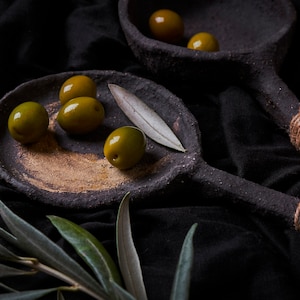 Rustic Black Clay Ladle Set: Food Photography Props with Hemp
