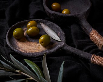 Ceramic ladle set of 2, Black stoneware serving spoons with hemp rope, Large spoons for dark mood photography