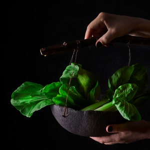 Stoneware bowl with wood handle, Rustic ceramic fruit bowl for kitchen decor, Handcrafted large bowl with copper and wood image 8