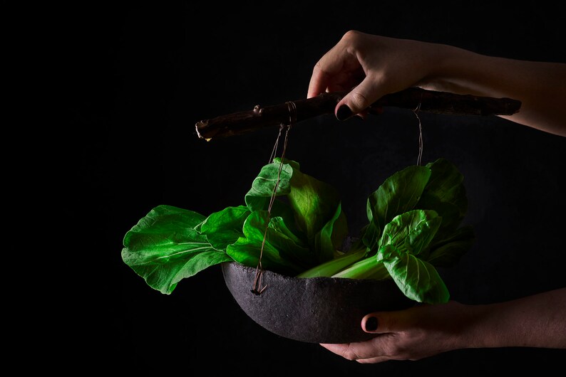 Stoneware bowl with wood handle, Rustic ceramic fruit bowl for kitchen decor, Handcrafted large bowl with copper and wood image 8