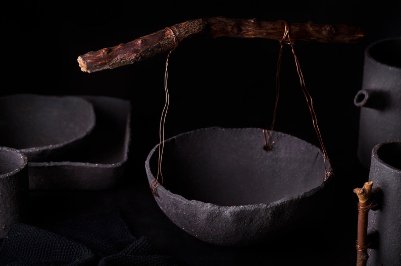 Stoneware bowl with wood handle, Rustic ceramic fruit bowl for kitchen decor, Handcrafted large bowl with copper and wood image 10