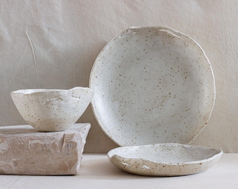 Handmade Speckled Stoneware Dinnerware Set: Rustic 3 Piece Place Setting
