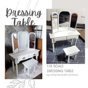 SVG Puppenhaus Miniatur Schminktisch / DIY Cricut Cut Dateien ~ Schlafzimmer Schminktisch und Hocker ~ sofortiger DIGITALER Download