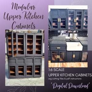 May include: Miniature modular upper kitchen cabinets in dark grey. The cabinets feature glass-fronted doors and shelves. The image includes text that reads "Modular Upper Kitchen Cabinets" and "1:6 Scale Upper Kitchen Cabinets Digital Download."