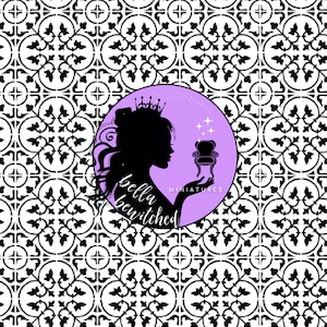 May include: A logo featuring a black silhouette of a woman wearing a crown, holding a miniature chair, set against a lavender circle. The words "bella bewitched miniatures" are also in the image. The background is a black and white patterned design.