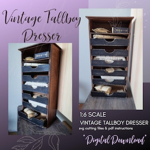 May include: A miniature wooden tallboy dresser with six drawers, painted black and brown. The dresser is 1:6 scale and includes SVG cutting files and PDF instructions for building it. "Digital Download" is written in white text on a black background.
