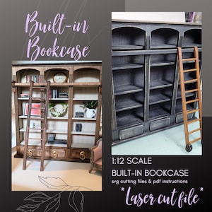 Librería para casa de muñecas a escala 1:12 (archivo SVG), biblioteca en miniatura integrada con escalera rodante y barandilla, archivo de corte láser, xTool, Glowforge.