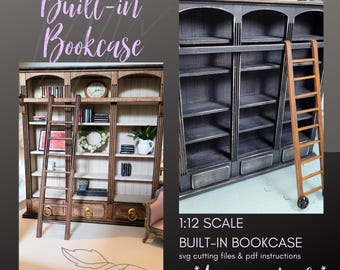 1:12 Scale Dollhouse Bookcase SVG, Built In Miniature Library with Rolling Ladder and Rail, Laser Cut File, xTool, Glowforge
