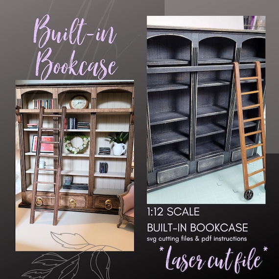 1:12 Scale Dollhouse Bookcase SVG, Built In Miniature Library with Rolling Ladder and Rail, Laser Cut File, xTool, Glowforge