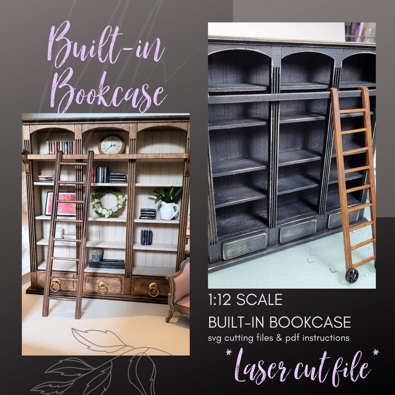 1:12 Scale Dollhouse Bookcase SVG, Built In Miniature Library with Rolling Ladder and Rail, Laser Cut File, xTool, Glowforge image 1