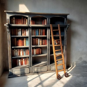 May include: A large, dark gray wooden bookcase with three vertical sections and multiple shelves filled with various books. A tall, light brown wooden rolling ladder with small wheels at the base is positioned against the front of the shelving unit.
