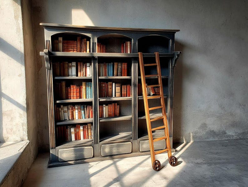 May include: A large, dark gray wooden bookcase with three vertical sections and multiple shelves filled with various books. A tall, light brown wooden rolling ladder with small wheels at the base is positioned against the front of the shelving unit.