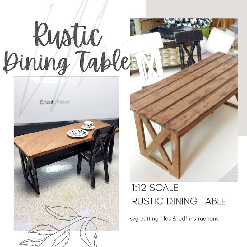 May include: A 1:12 scale rustic dining table made of wood with a black base. The table is shown with a white chair and a small plate and cup on the table. The image includes the text "Rustic Dining Table" and "1:12 Scale Rustic Dining Table".