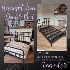 May include: Black wrought iron double bed frame, 1:12 scale. The bed frame has a headboard and footboard with vertical bars. The image also includes the text "Laser cut file".