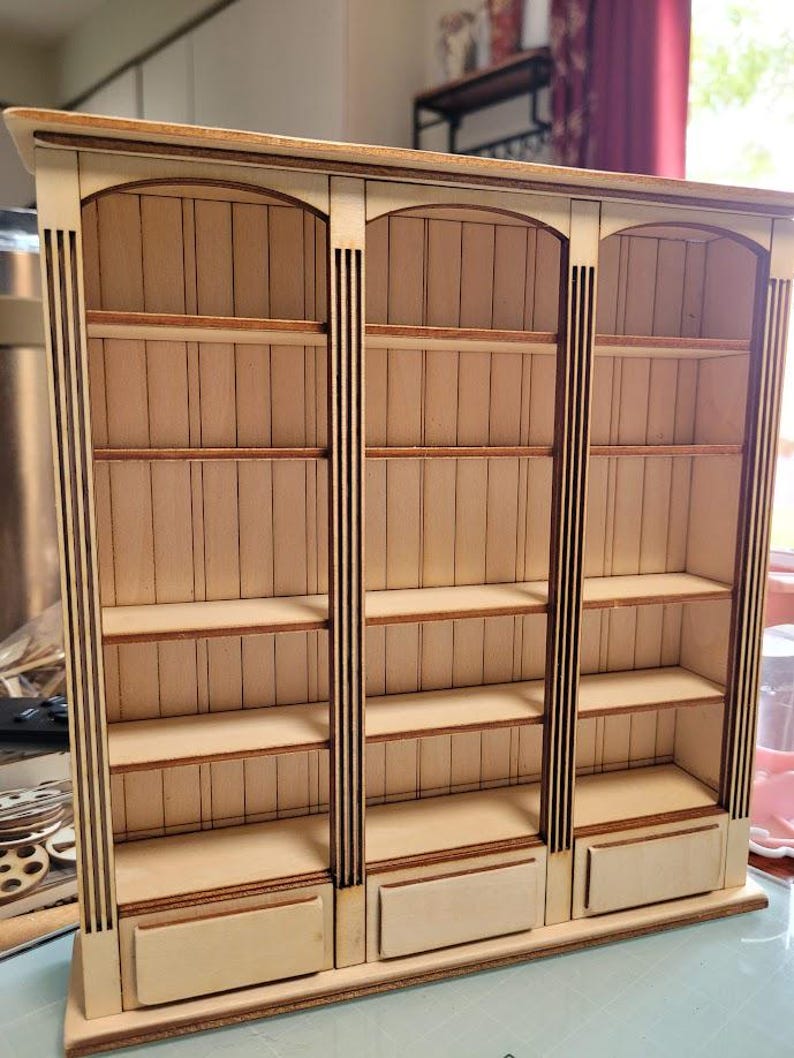 1:12 Scale Dollhouse Bookcase SVG, Built In Miniature Library with Rolling Ladder and Rail, Laser Cut File, xTool, Glowforge image 3