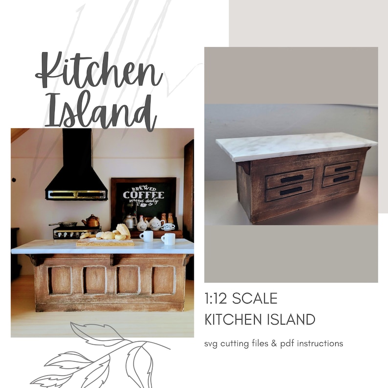 May include: A miniature kitchen island with a white marble countertop and a dark brown wooden base. The base features two drawers and decorative panels. The image also shows a miniature kitchen scene with a chalkboard sign that reads "BREWED COFFEE served daily".