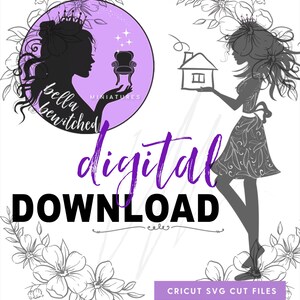 May include: A digital download graphic with a silhouette of a woman holding a house and a logo with a woman's silhouette and the text "bella bewitched miniatures". The word "digital" is in purple script, and "DOWNLOAD" is in bold black letters.