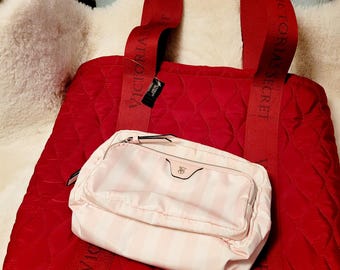 Victoria's Secret Red Quilted Tote Bag and Cosmetic Pink Bag, Weekender Travel