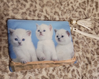 Kitty Cat Wristlet Bag, White Kittens Handbag Cosmetic Purse, Kitty Cat Meow Handbag Pouch, White Kittens Cat Clutch Handbag