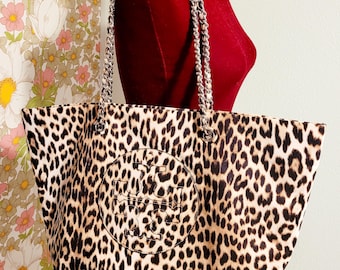 Tory Burch Leopard Print Nylon Tote Handbag, Chain Handle