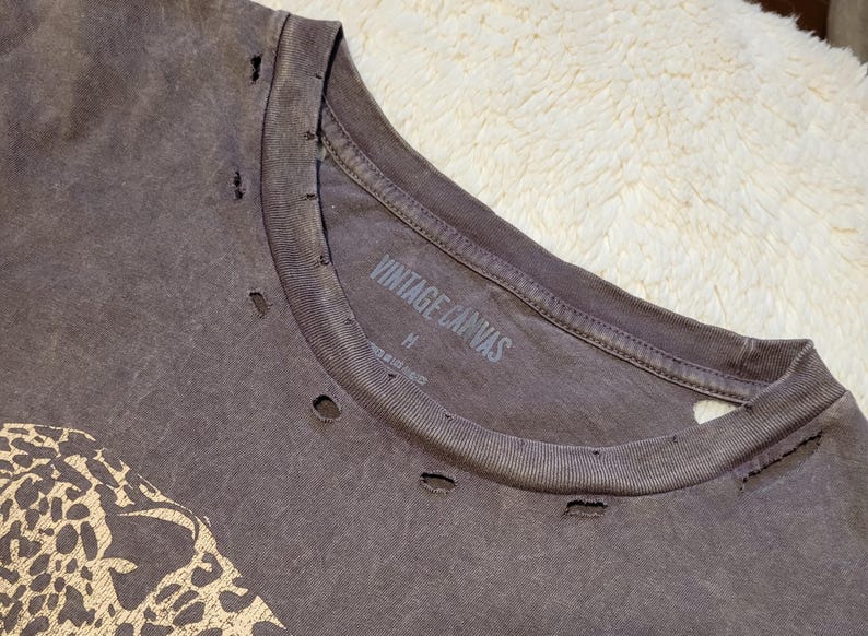 May include: A distressed, dark gray t-shirt with a crew neck and distressed holes. The shirt features the text "VINTAGE CANVAS" on the collar. The shirt has a medium size label.