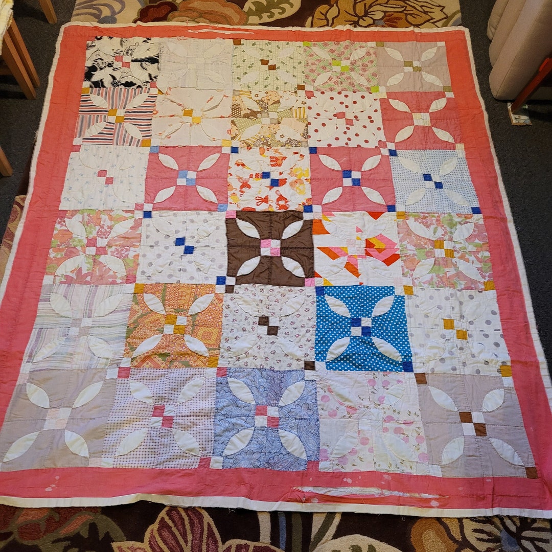 Vintage Coral Quilt, Vintage Patchwork Quilt, Vintage Pink Quilt, Full