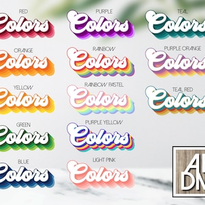May include: A selection of "Colors" text designs in shades such as red, purple, teal, orange, rainbow, yellow, green, blue, and light pink. Each word has a white outline and a shadow effect. A logo with the letters "AE DM" is in the bottom right corner.