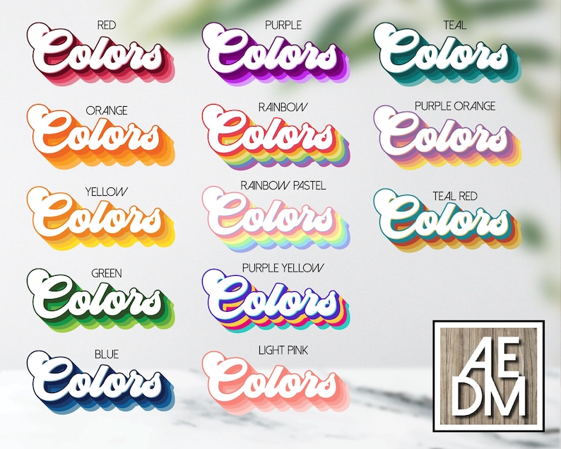May include: A selection of "Colors" text designs in shades such as red, purple, teal, orange, rainbow, yellow, green, blue, and light pink. Each word has a white outline and a shadow effect. A logo with the letters "AE DM" is in the bottom right corner.