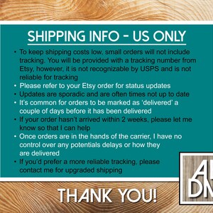 May include: A rectangular teal sign with white text titled SHIPPING INFO - US ONLY, detailing policies regarding tracking, delivery status, and carrier delays, with a small square logo in the bottom right corner containing the letters AEDM.