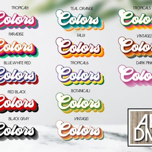 May include: A selection of 'Colors' text designs in a retro style, each with a different colour scheme and shadow effect. The designs include text such as 'Paradise', 'Fally', and 'Vintage2'. The designs are set against a neutral background.