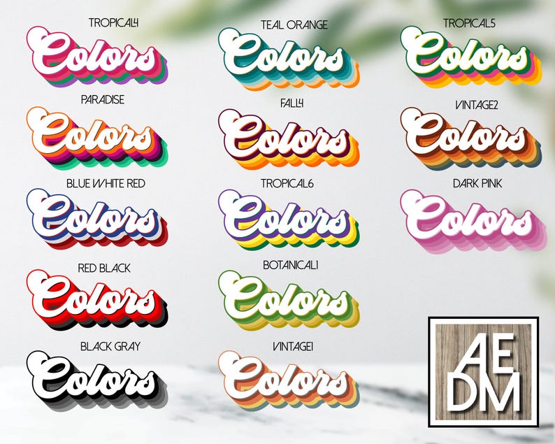 May include: A selection of 'Colors' text designs in a retro style, each with a different colour scheme and shadow effect. The designs include text such as 'Paradise', 'Fally', and 'Vintage2'. The designs are set against a neutral background.