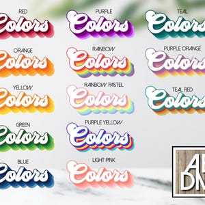 May include: A collection of colorful "Colors" text designs in various hues, including red, purple, teal, orange, rainbow, yellow, green, blue, and light pink. Each word has a white outline and a shadow effect. A logo with the letters "AE DM" is in the bottom right corner.