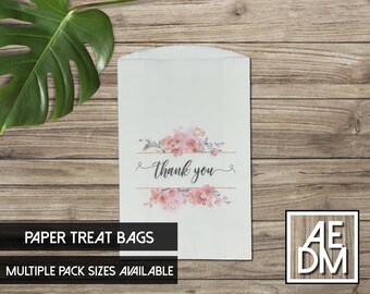 Thank You Treat Bags, White Floral Favor Bags, Pink Flower Party Favor Bags, Wedding Thank You Bags, Bridal Shower Candy Bags