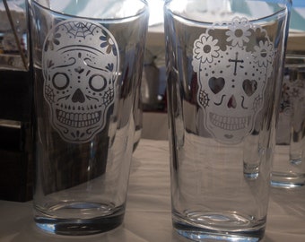 Birthday and Anniversary Gift Idea Pint Glass Sugar Skull with Flower on Cheek Engraved Beer By Celery Street Cider Pint Glass 