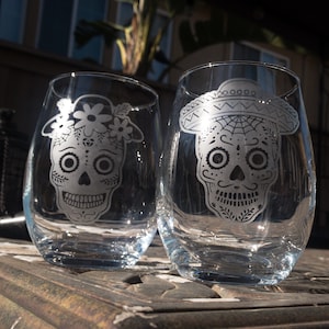 Juego de 2 - Copas de vino sin tallo del Día de los Muertos - 18 -20 oz