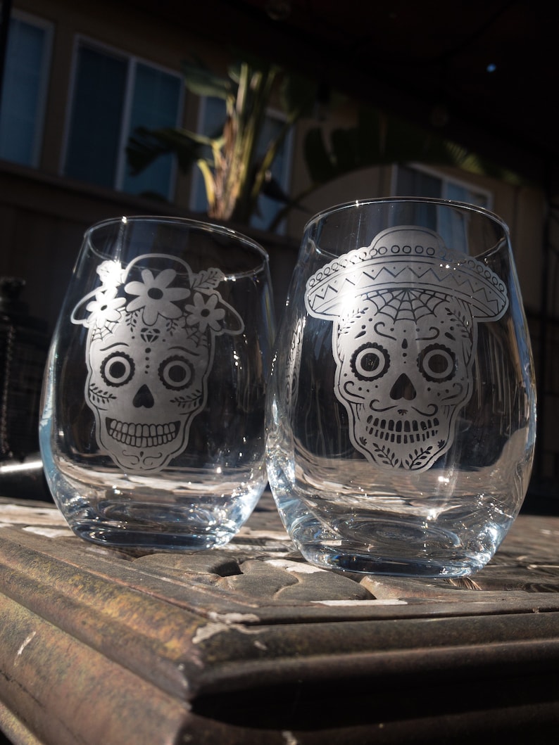 Set of 2 Dia De Los Muertos Stemless Wine Glasses 18 20 Oz Etsy