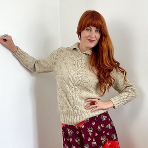 Vintage 70s Hand Knit Wool Cable Knit Sweater