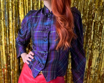 Vintage 80s Plaid Purple Blouse