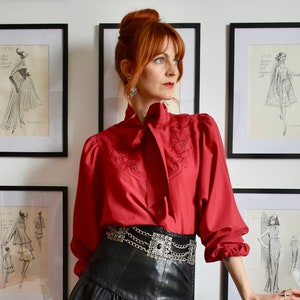 Vintage 1970s 1980s Red Blouse with Embroidery
