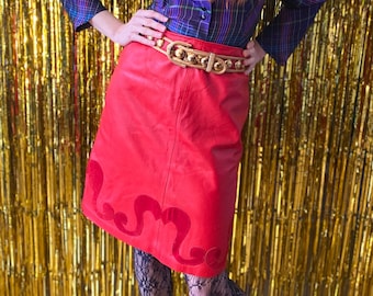 80s Vintage Red Leather Skirt